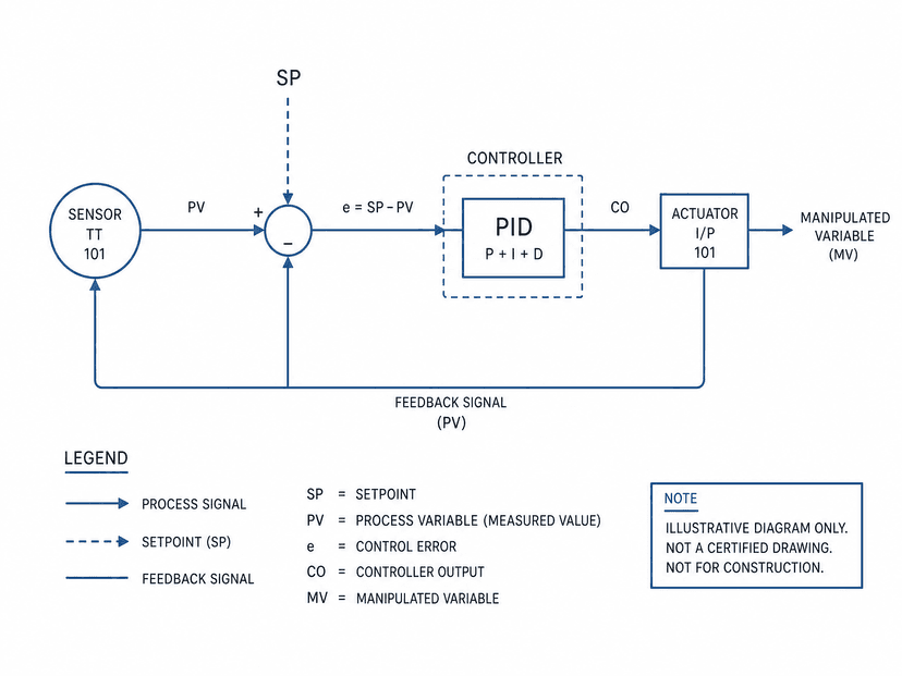 Illustrative control loop diagram with sensor, controller, setpoint and actuator with feedback