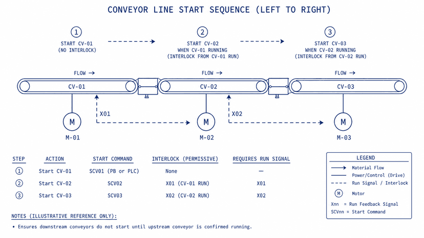 Illustrative three-segment conveyor start-sequence diagram with motors and interlocks