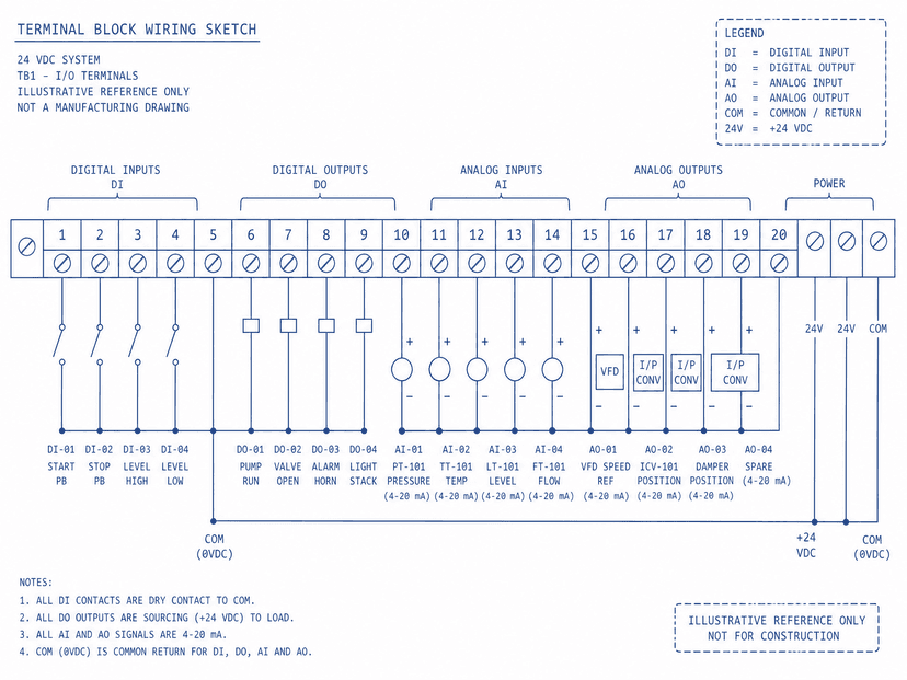 Illustrative terminal block wiring sketch with DI, DO, AI and AO points