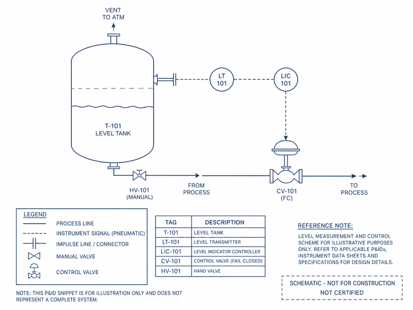 Illustrative P&ID snippet with a level tank, transmitter and control valve